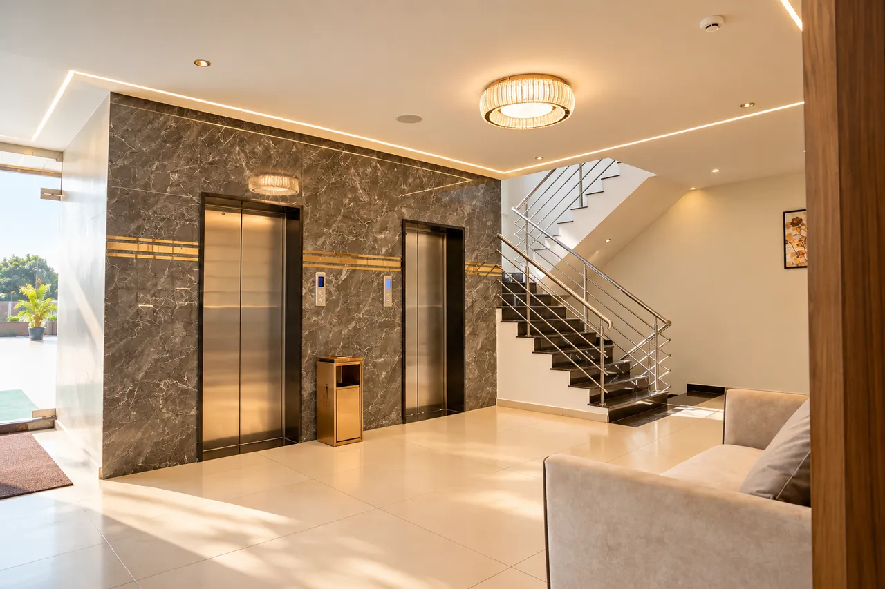 Dual passenger elevators with dark marble finishes, chandelier, and staircase at Hotel Pumerai